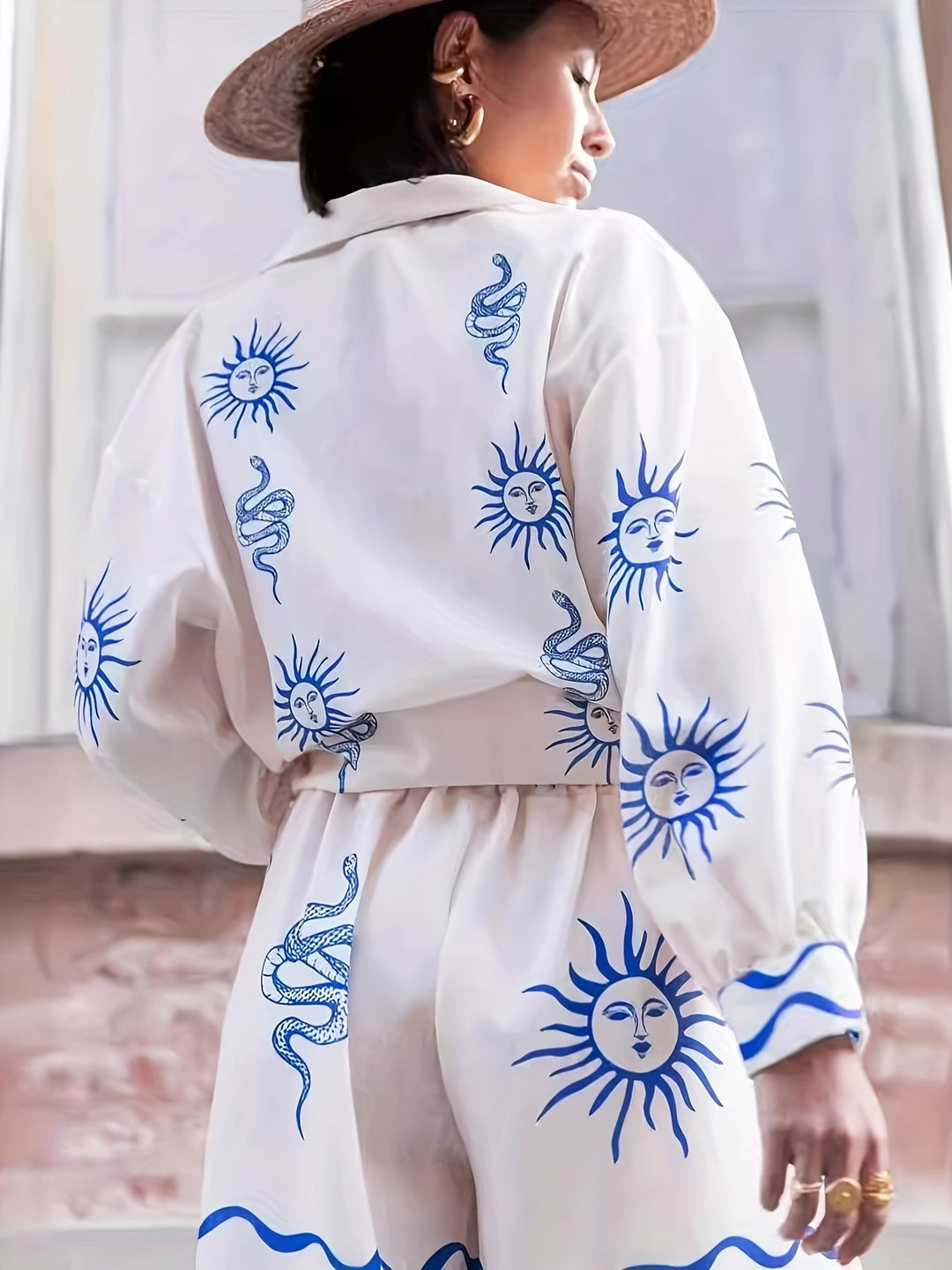 Women’s Printed Two-Piece Shirt and Shorts Set – Sun Motif Summer Co-Ord