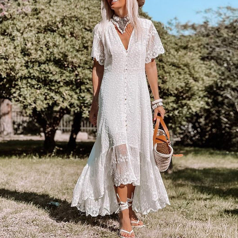 Women's White Lace Maxi Dress - V-Neck Button-Front Boho