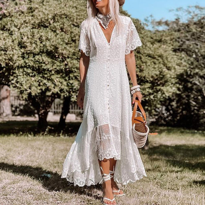 Women's White Lace Maxi Dress - V-Neck Button-Front Boho