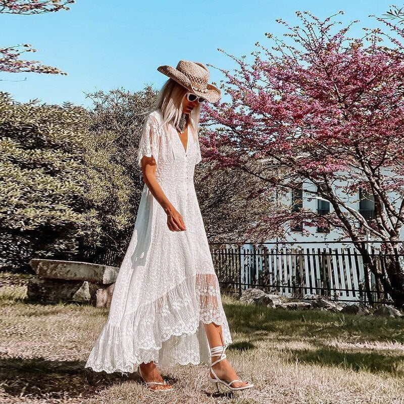 Women's White Lace Maxi Dress - V-Neck Button-Front Boho
