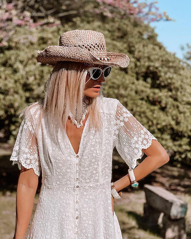 Women's White Lace Maxi Dress - V-Neck Button-Front Boho