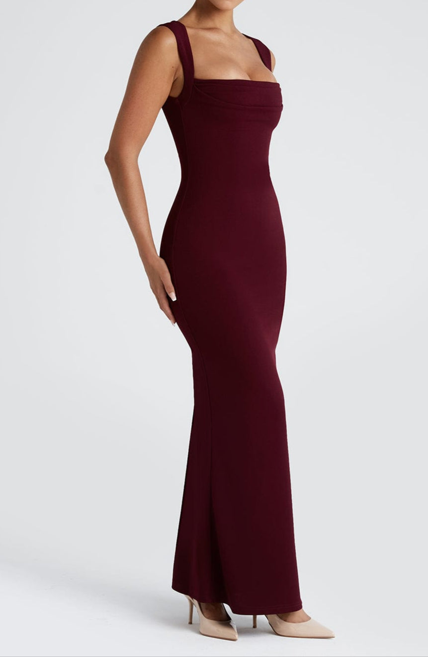 Women's Square Neck Bodycon Maxi Dress - Draped Bodice Detail with Wide Shoulder Straps and Scoop Back