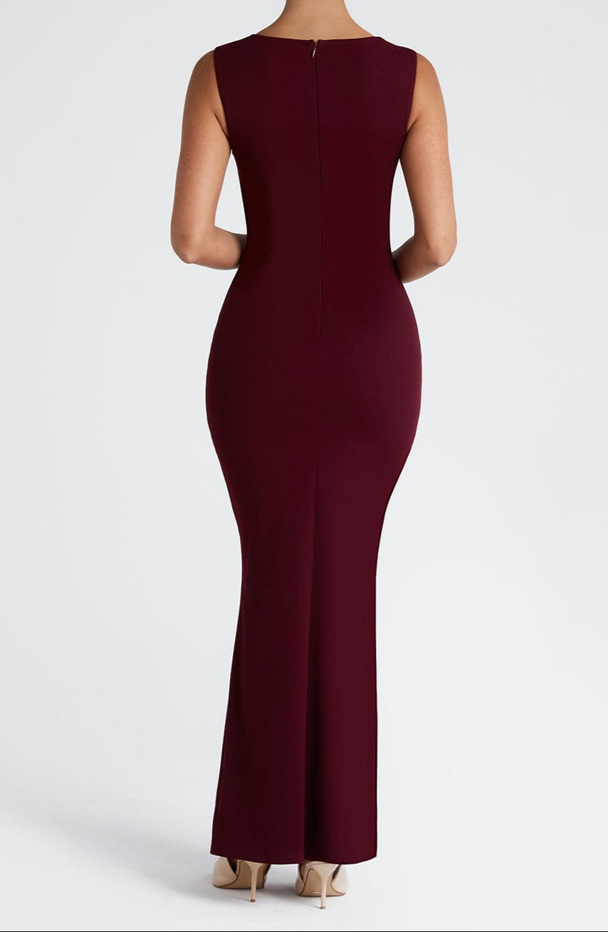Women's Square Neck Bodycon Maxi Dress - Draped Bodice Detail with Wide Shoulder Straps and Scoop Back