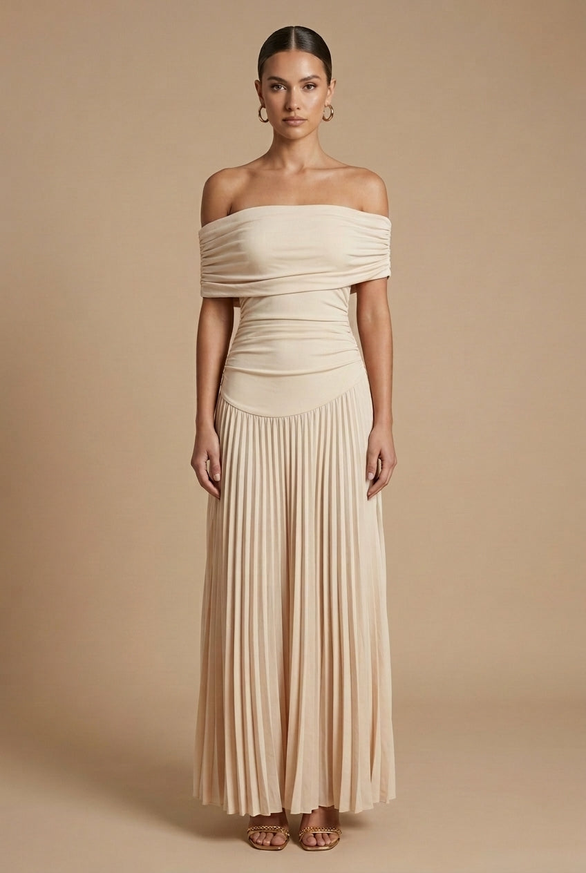 Women's Pleated Maxi Dress - Off Shoulder Wedding Guest Style