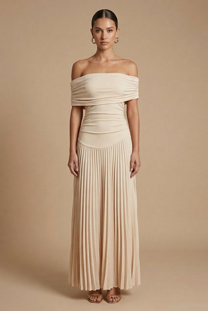 Women's Pleated Maxi Dress - Off Shoulder Wedding Guest Style