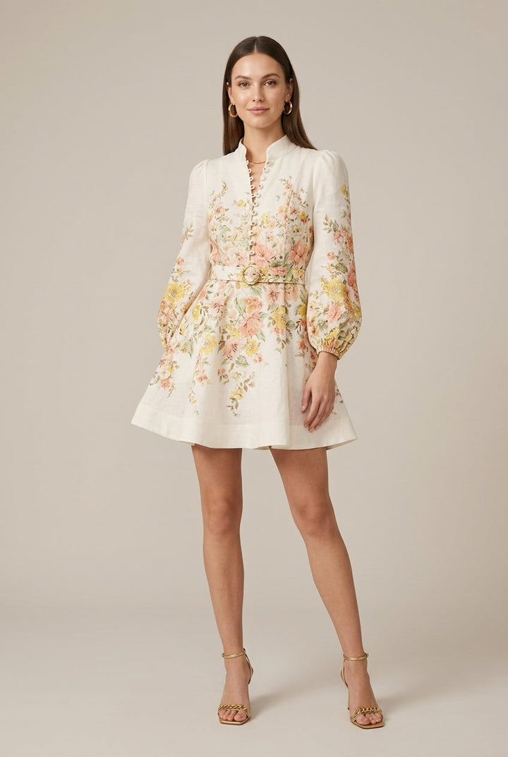 Women's Floral Print Mini Dress - Long Puff Sleeves - Ruched Bust