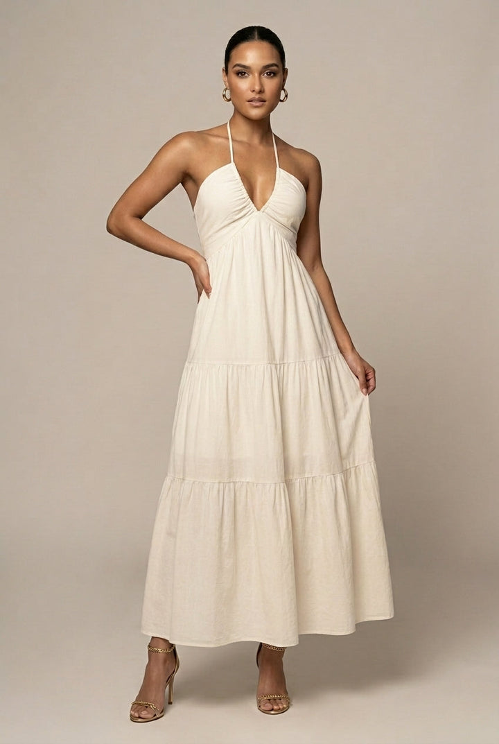 Women's Flowy Halter Neck Maxi Dress - Tiered Ruffle Open Back