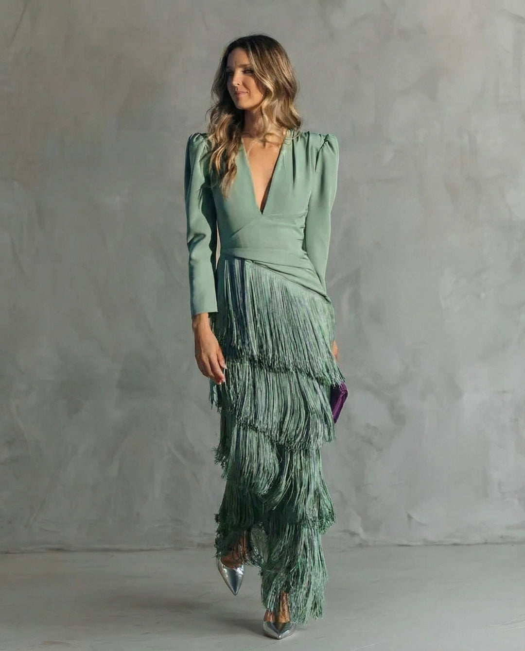 Women's Fringe Maxi Dress - Deep V-Neck - Puff Sleeve