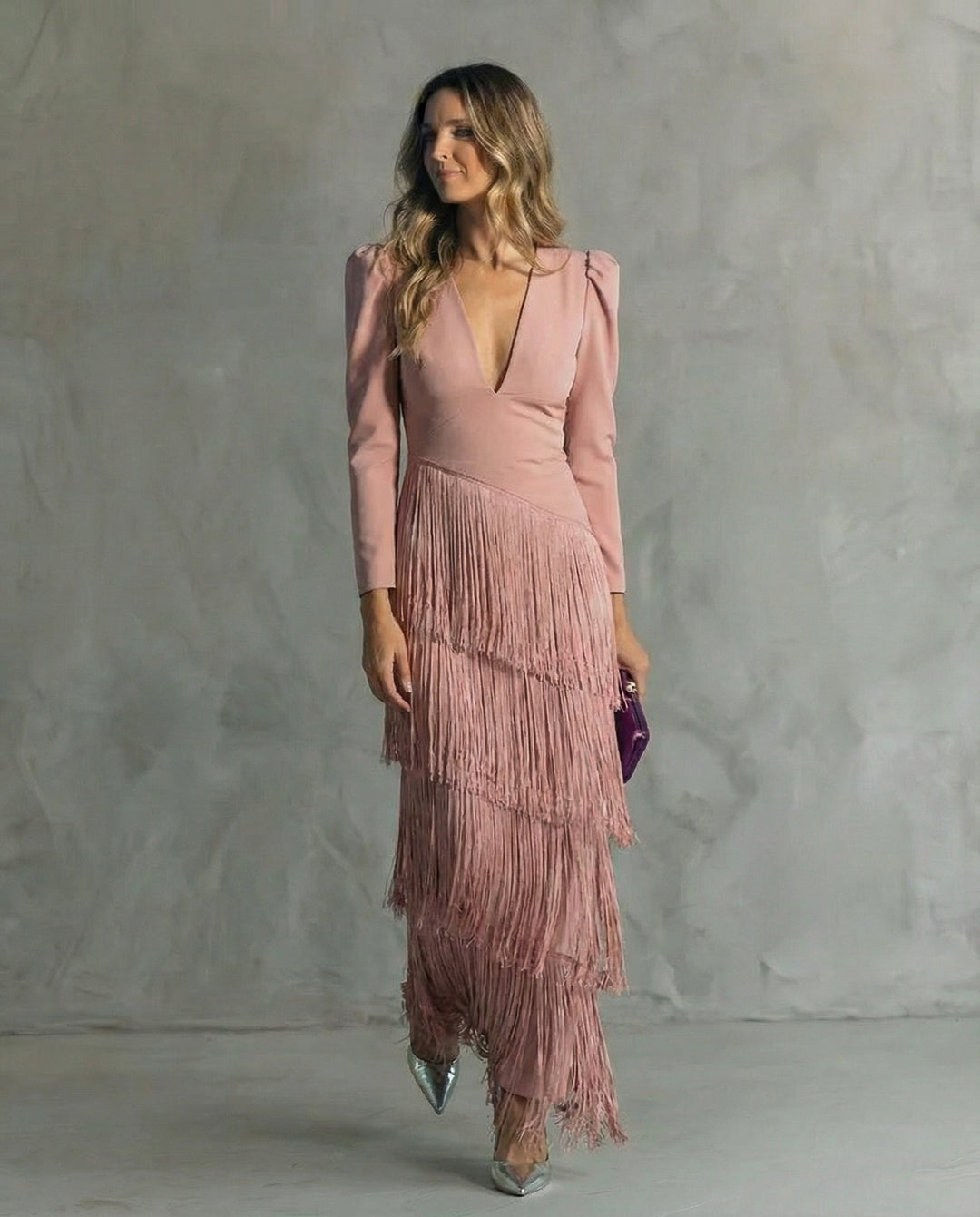 Women's Fringe Maxi Dress - Deep V-Neck - Puff Sleeve
