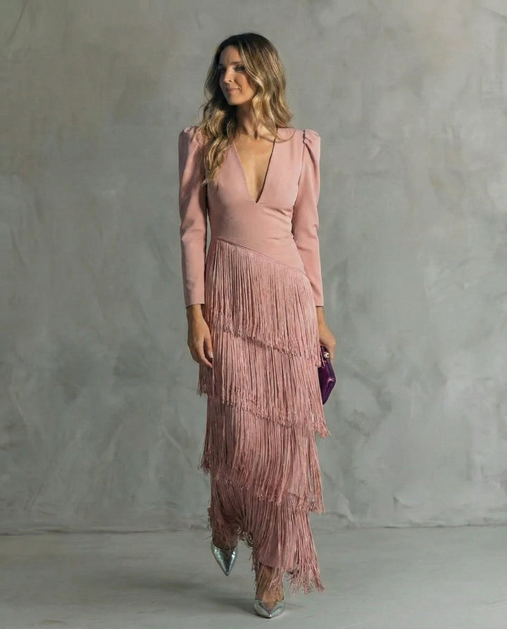 Women's Fringe Maxi Dress - Deep V-Neck - Puff Sleeve