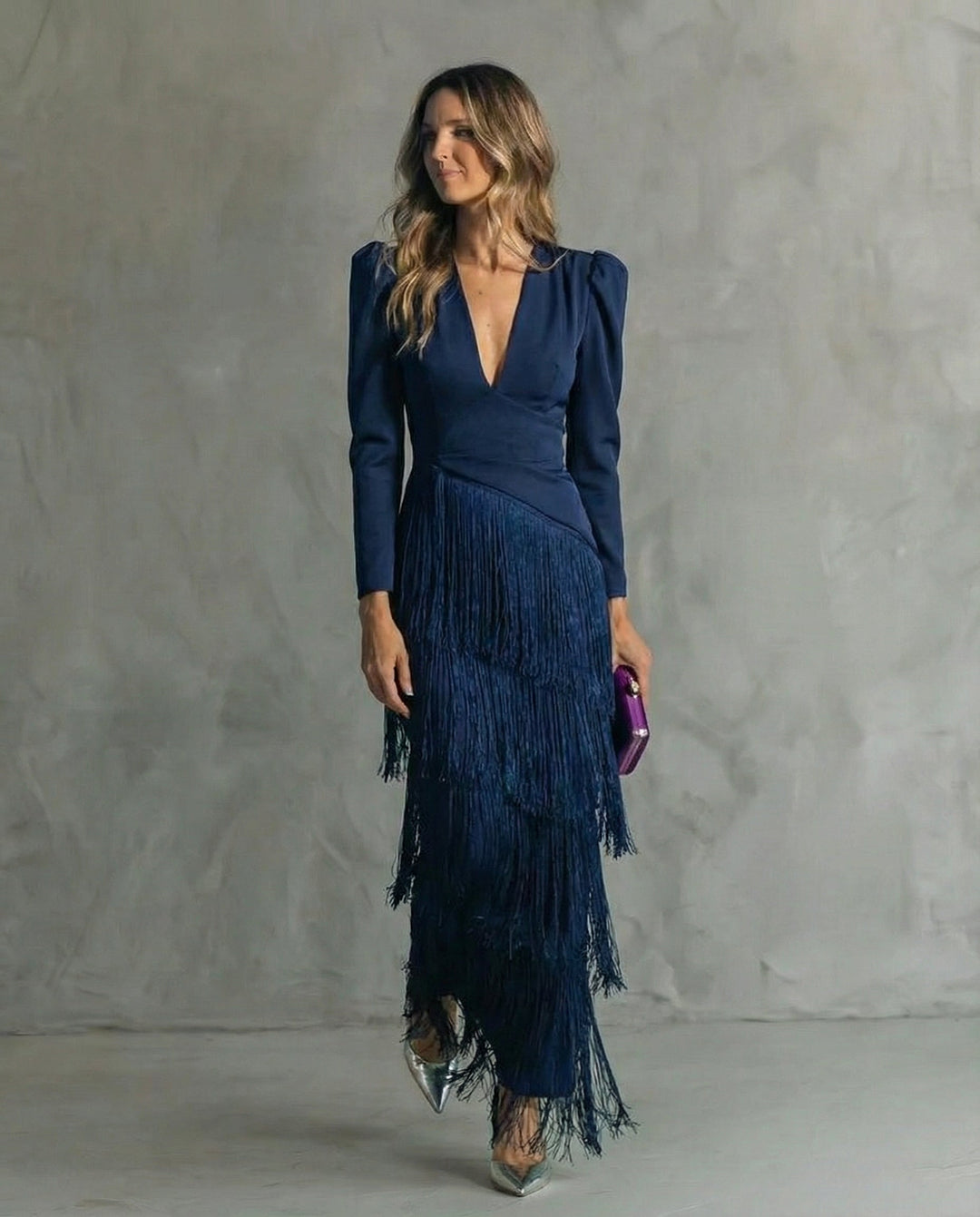 Women's Fringe Maxi Dress - Deep V-Neck - Puff Sleeve
