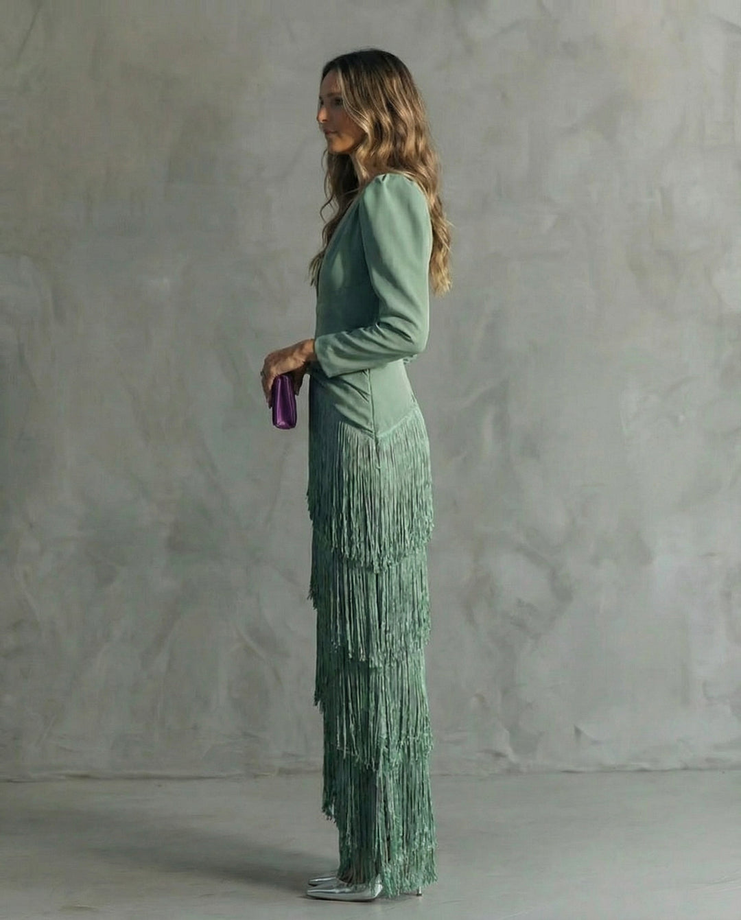Women's Fringe Maxi Dress - Deep V-Neck - Puff Sleeve