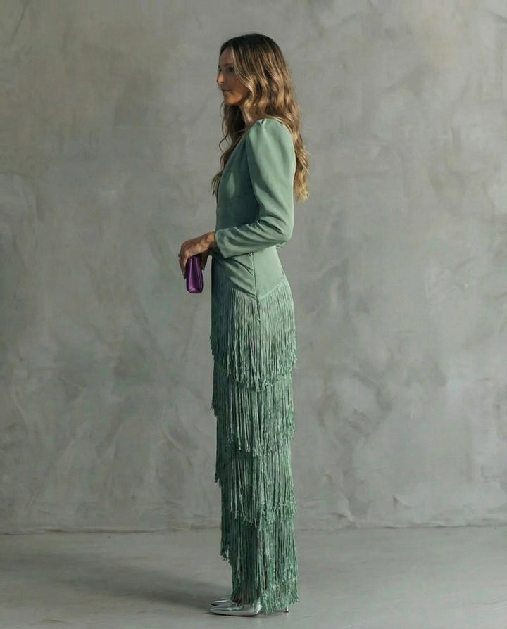 Women's Fringe Maxi Dress - Deep V-Neck - Puff Sleeve