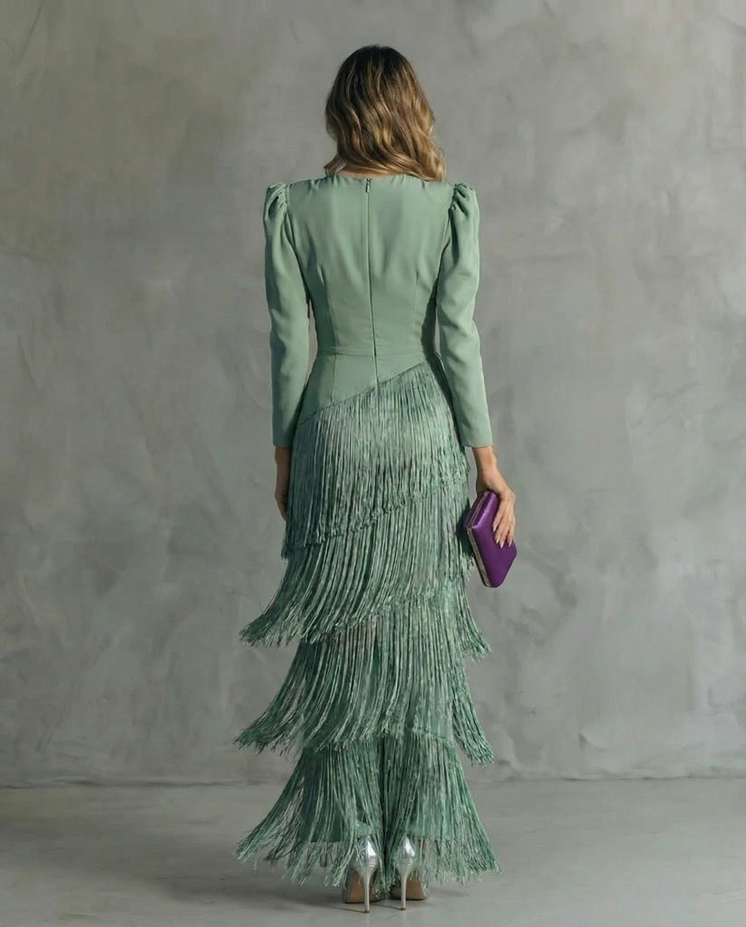 Women's Fringe Maxi Dress - Deep V-Neck - Puff Sleeve