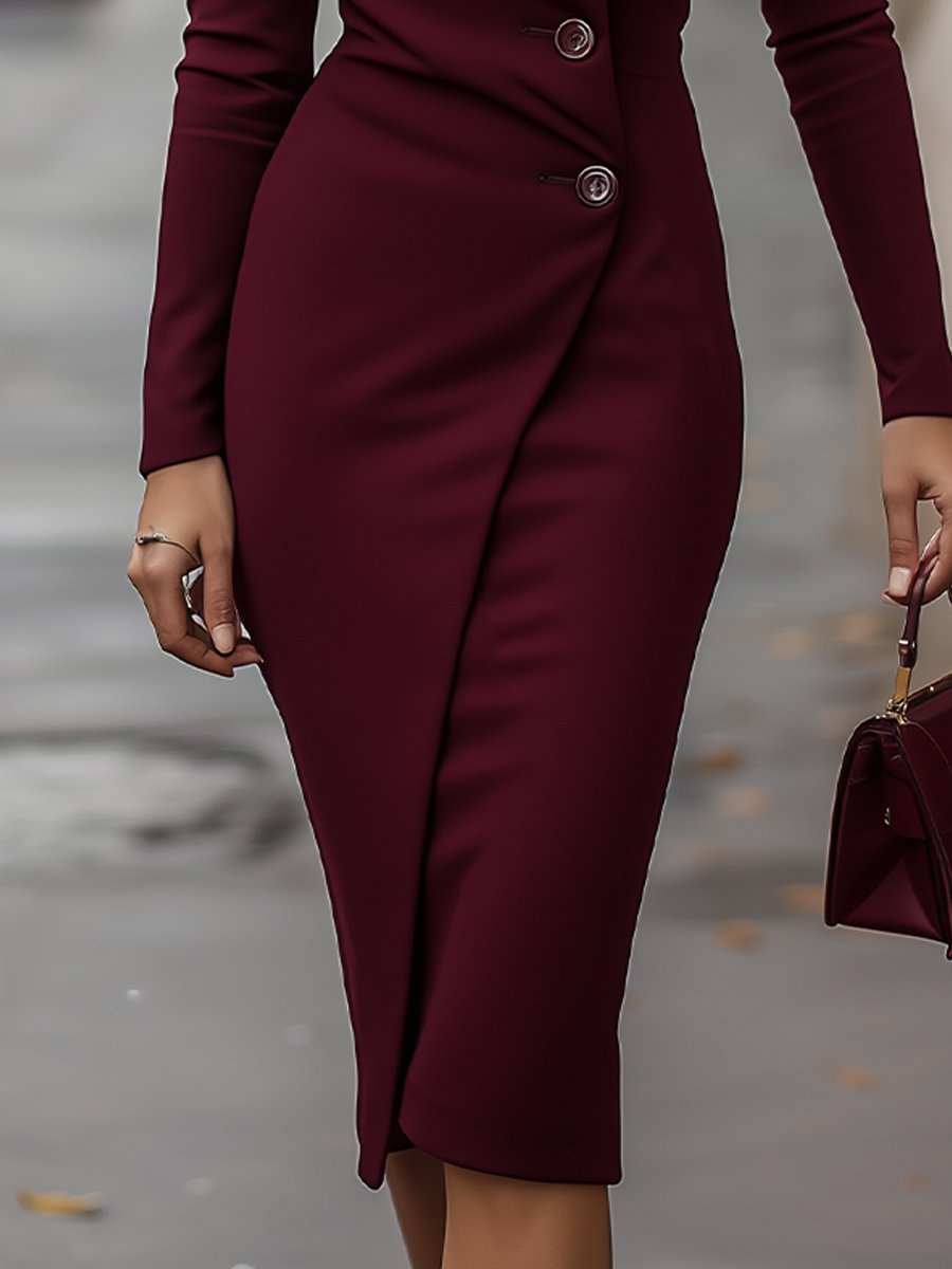 Women's Elegant V-Neck Bodycon Midi Dress - Long Sleeve Button Waist Detail