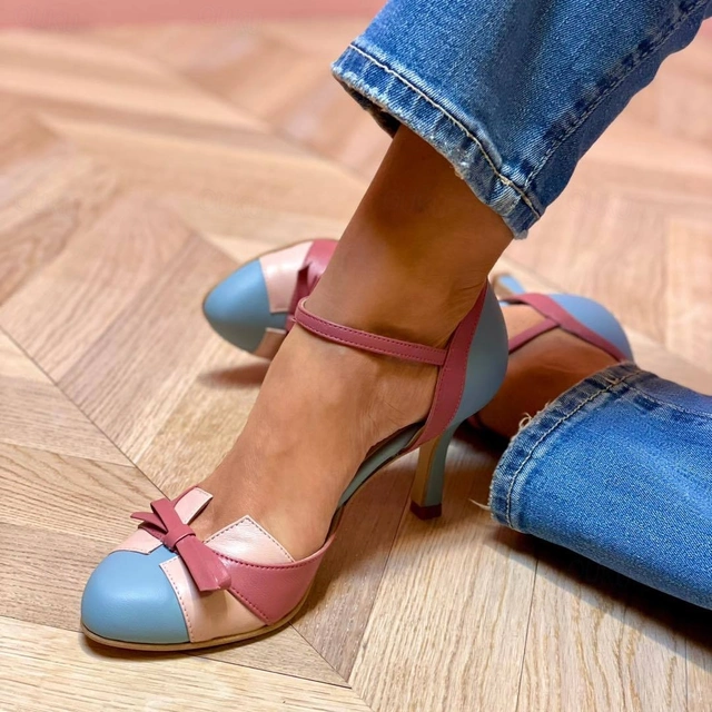 Women’s Pink and White Bow Heels – Ankle Strap Closed Toe Pumps for Wedding Guest Party Occasion