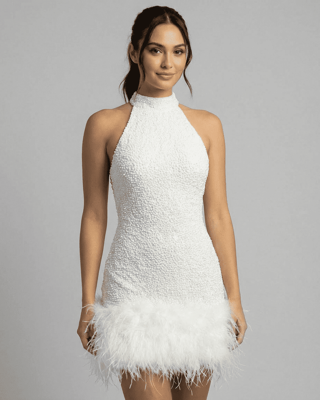 Women's Beaded Halter Mini Dress - Feather Trim Hem - Sleeveless