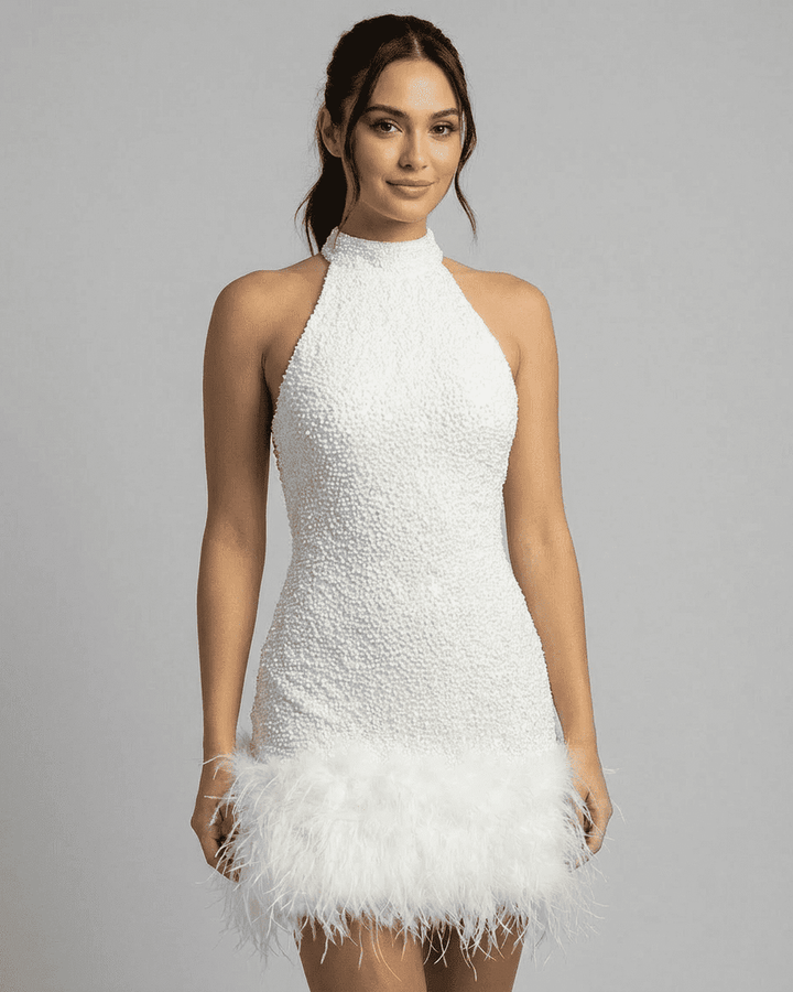 Women's Beaded Halter Mini Dress - Feather Trim Hem - Sleeveless