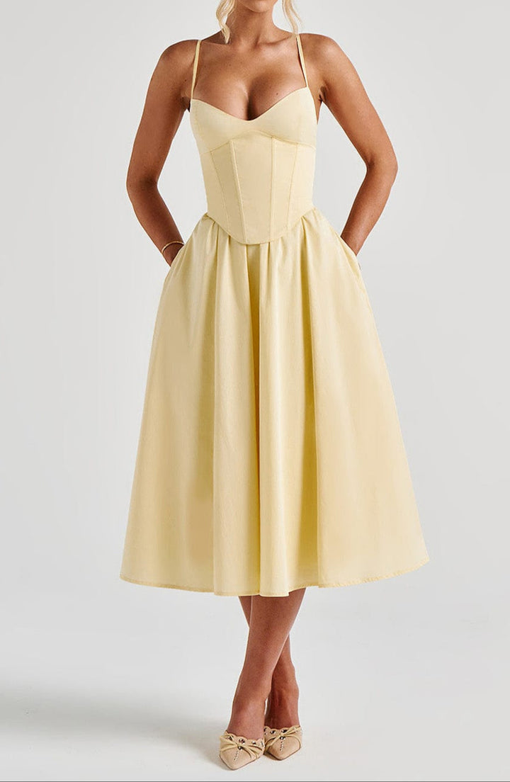 Women's Yellow A-Line Midi Dress - Structured Corset Bodice with Sweetheart Neckline and Side Pockets