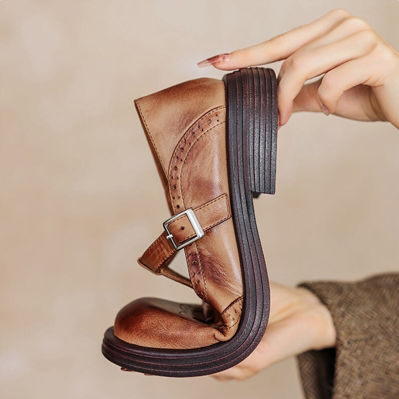 Women’s Brown Mary Jane Loafers – Buckle Strap Comfort Walking Shoes for Casual Everyday Wear