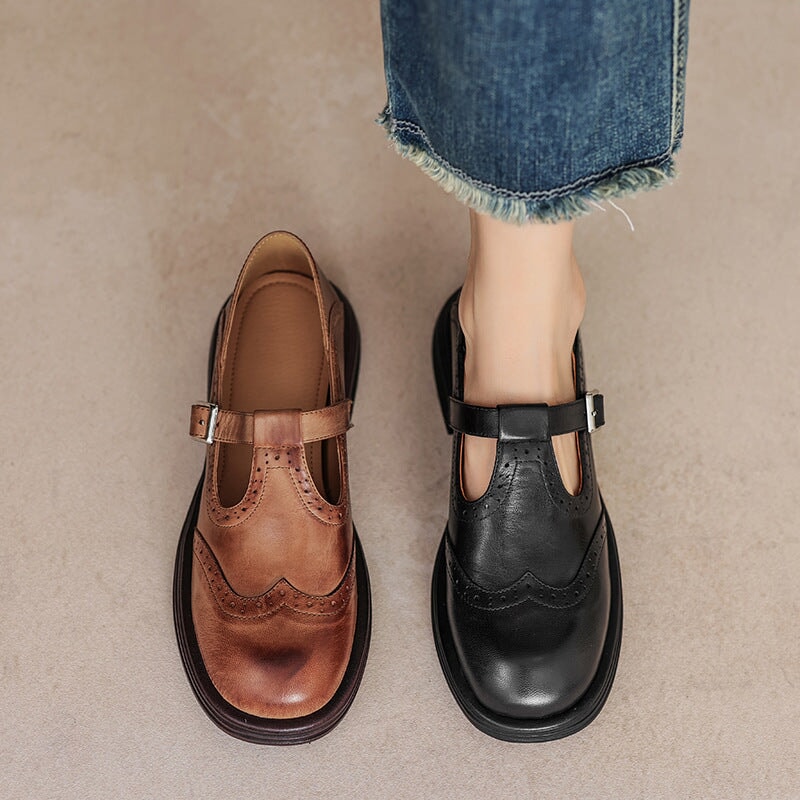 Women’s Brown Mary Jane Loafers – Buckle Strap Comfort Walking Shoes for Casual Everyday Wear