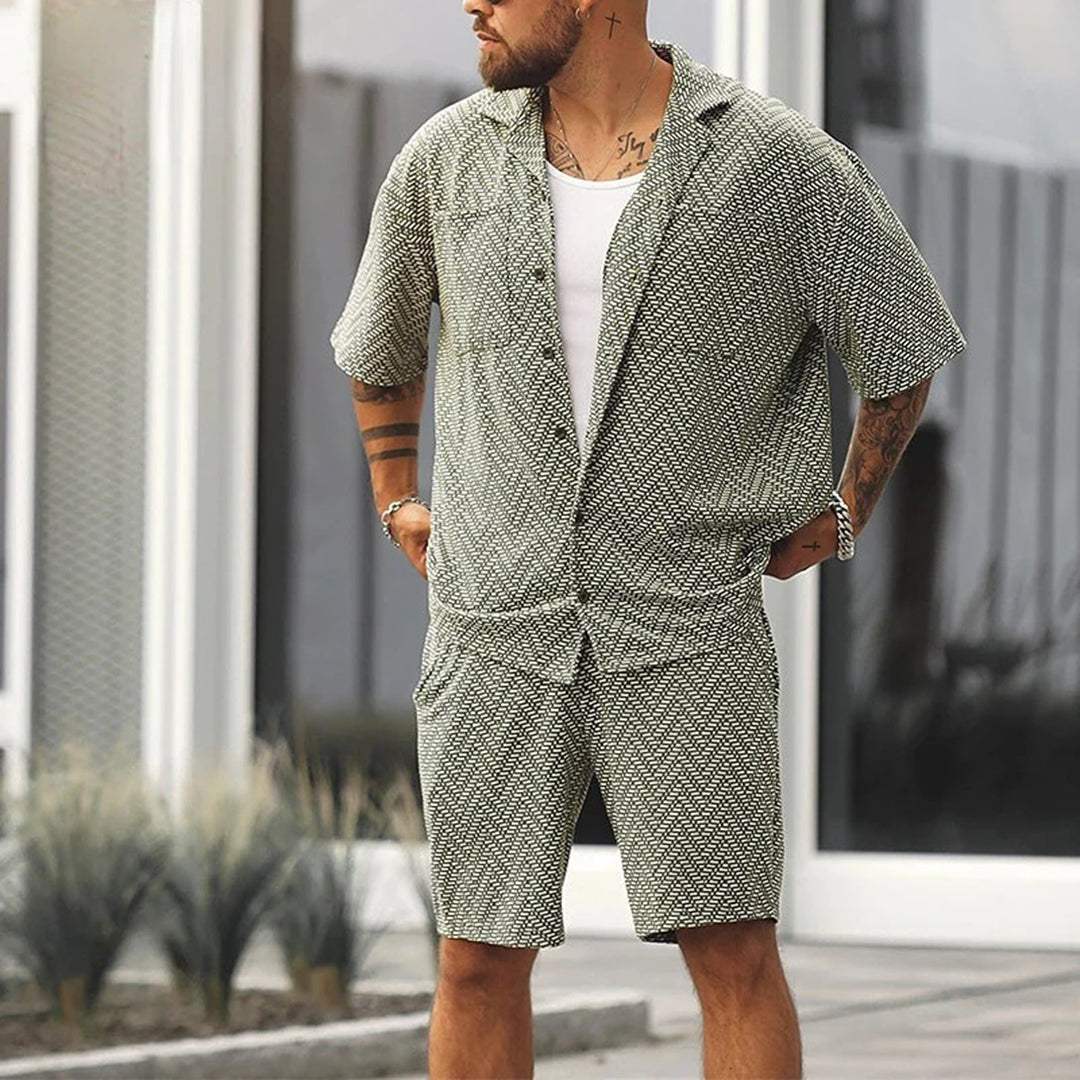 Men's Chevron Pattern Green Shirt and Drawstring Shorts Set