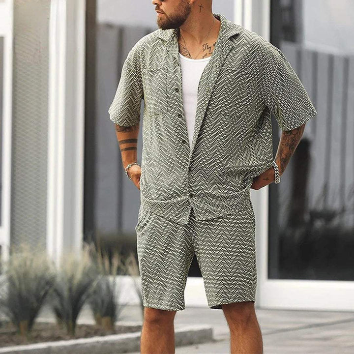 Men's Chevron Pattern Green Shirt and Drawstring Shorts Set