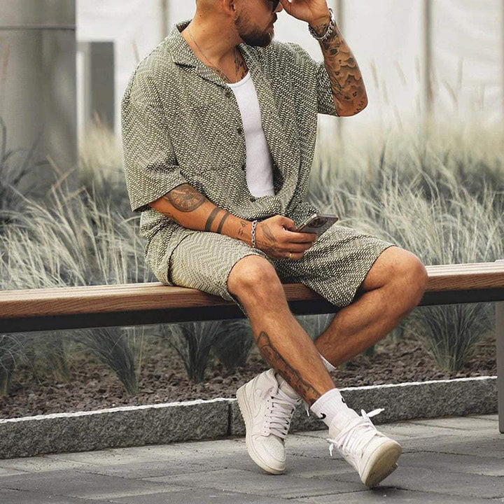 Men's Chevron Pattern Green Shirt and Drawstring Shorts Set