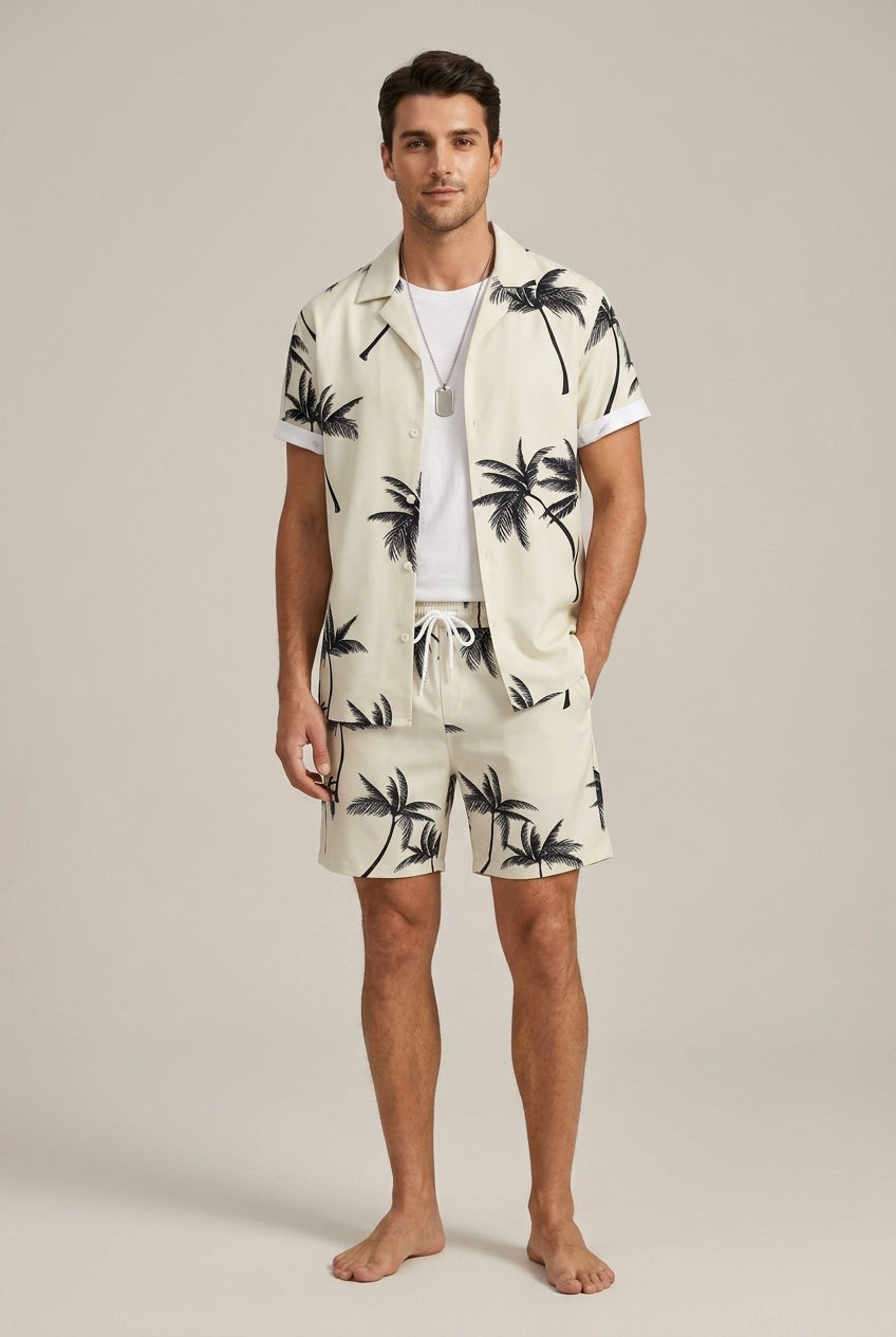 Men's Tropical Palm Print Button Shirt and Shorts Set