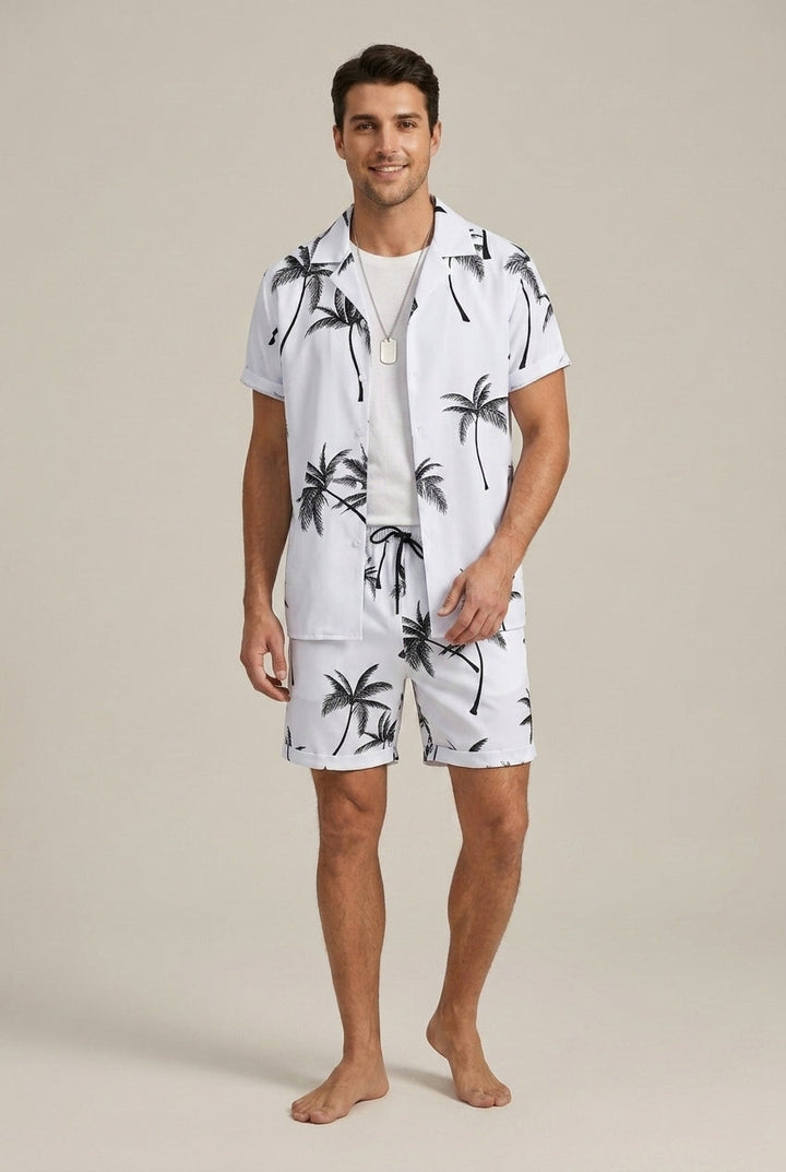 Men's Tropical Palm Print Button Shirt and Shorts Set