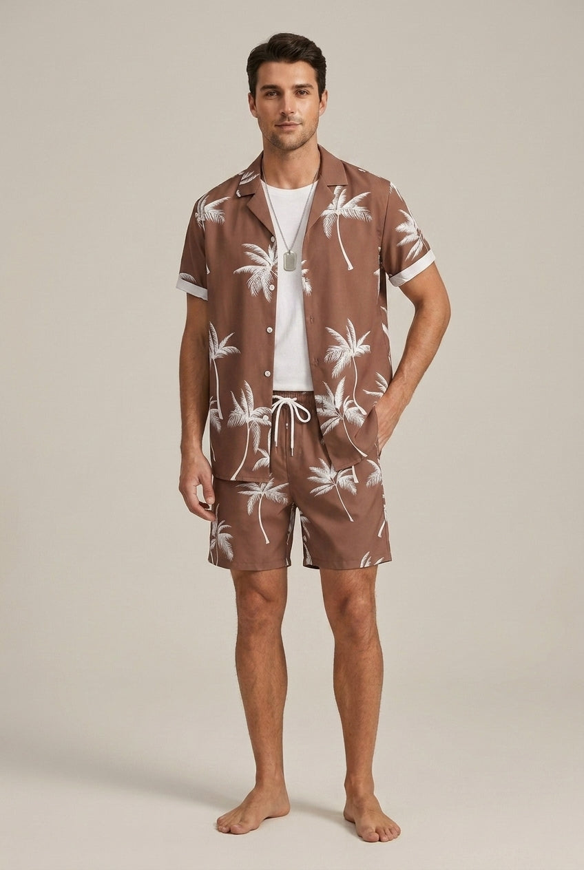 Men's Tropical Palm Print Button Shirt and Shorts Set