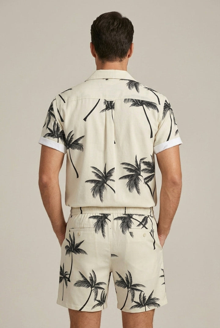 Men's Tropical Palm Print Button Shirt and Shorts Set