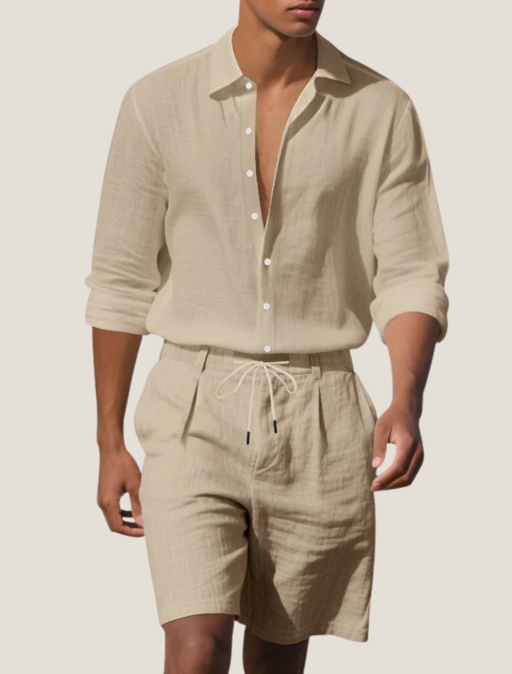 Men's Woven Linen Long Sleeve Beach Shirt and Shorts Set