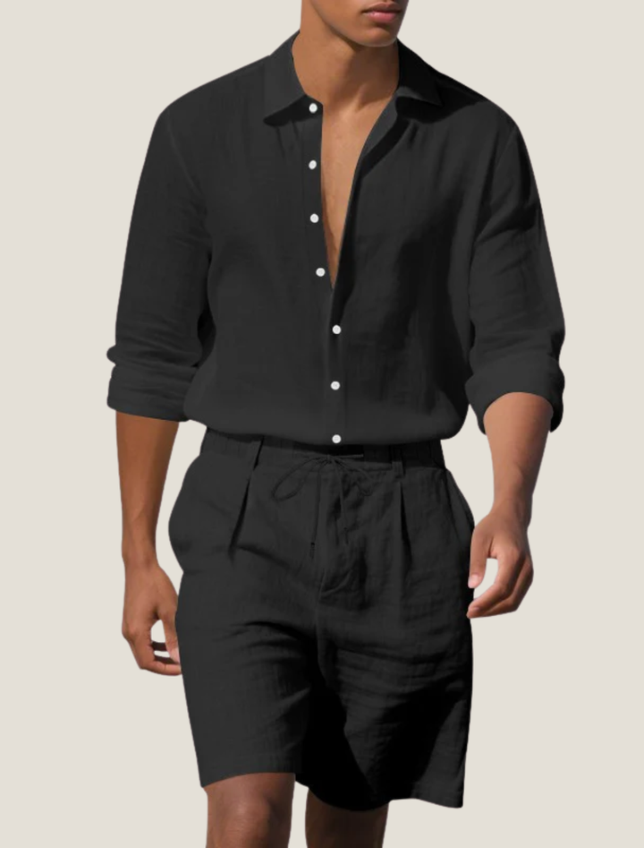 Men's Woven Linen Long Sleeve Beach Shirt and Shorts Set