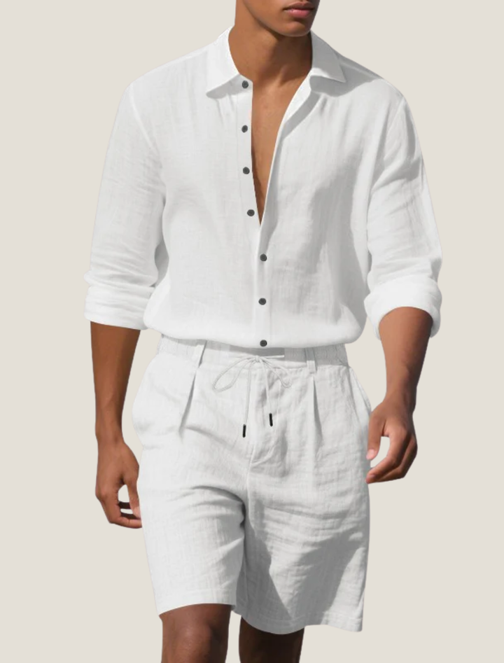Men's Woven Linen Long Sleeve Beach Shirt and Shorts Set