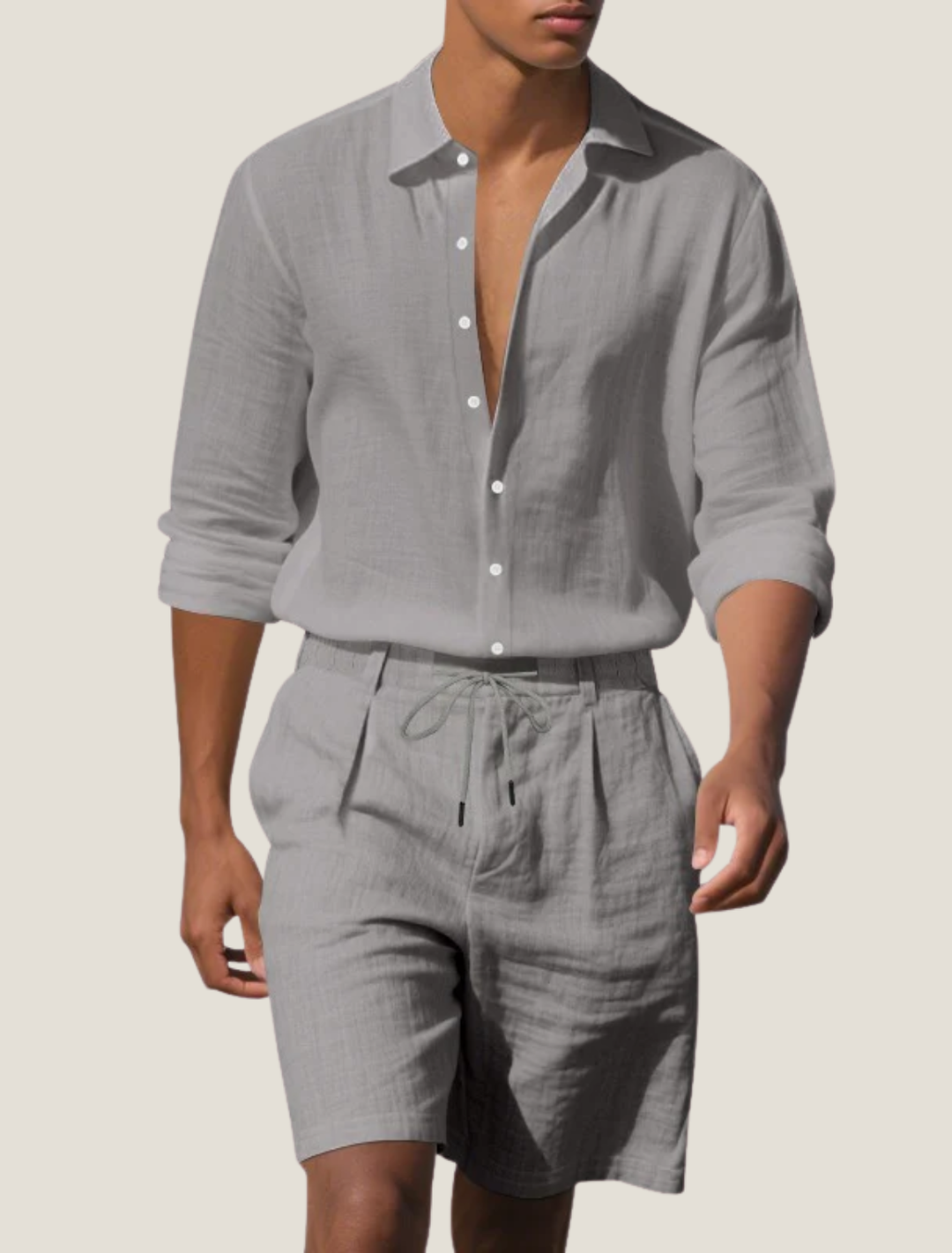 Men's Woven Linen Long Sleeve Beach Shirt and Shorts Set