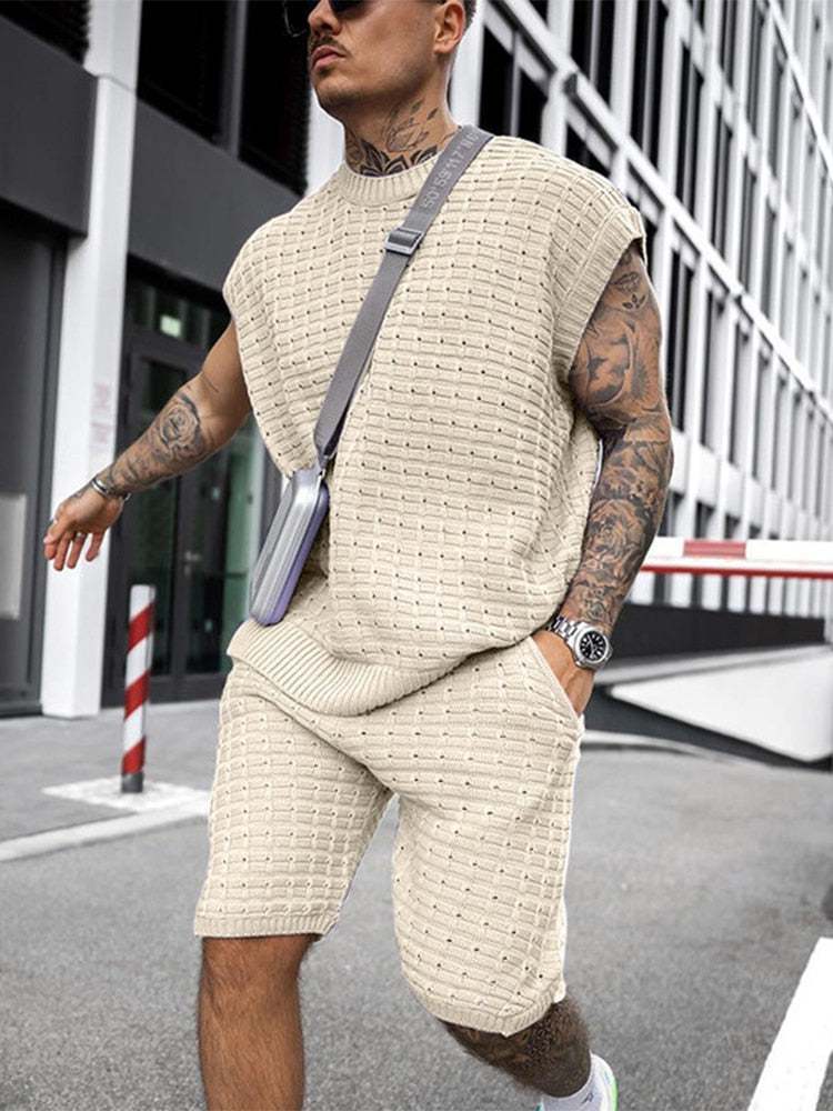 Men's Knit Sleeveless Crew Neck Top and Elasticated Shorts Set