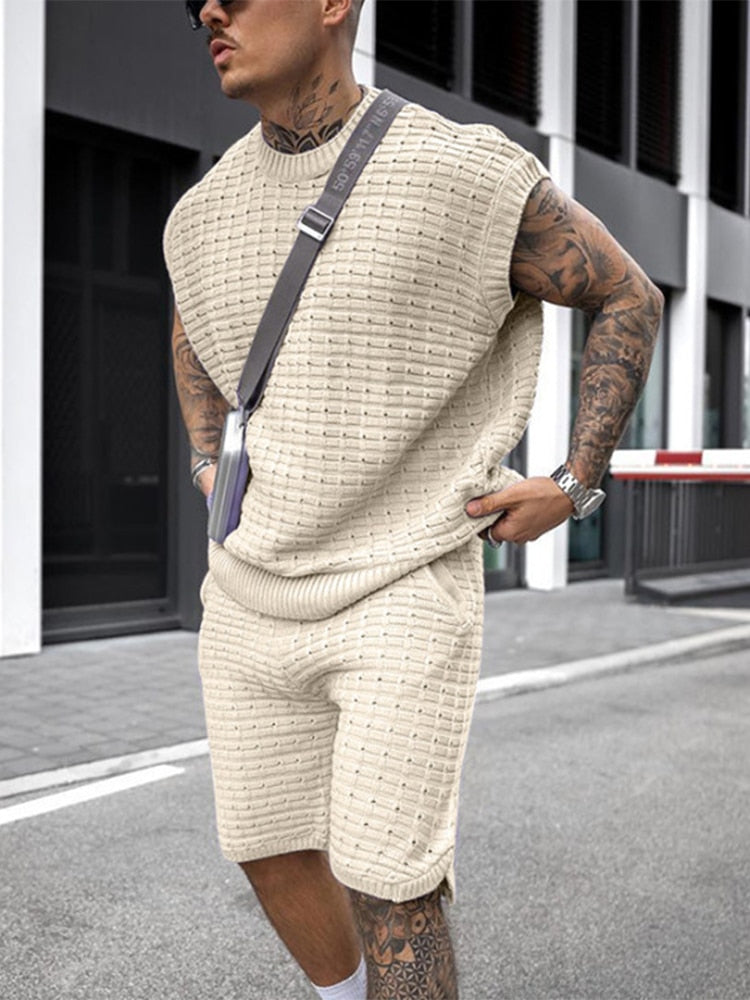Men's Knit Sleeveless Crew Neck Top and Elasticated Shorts Set