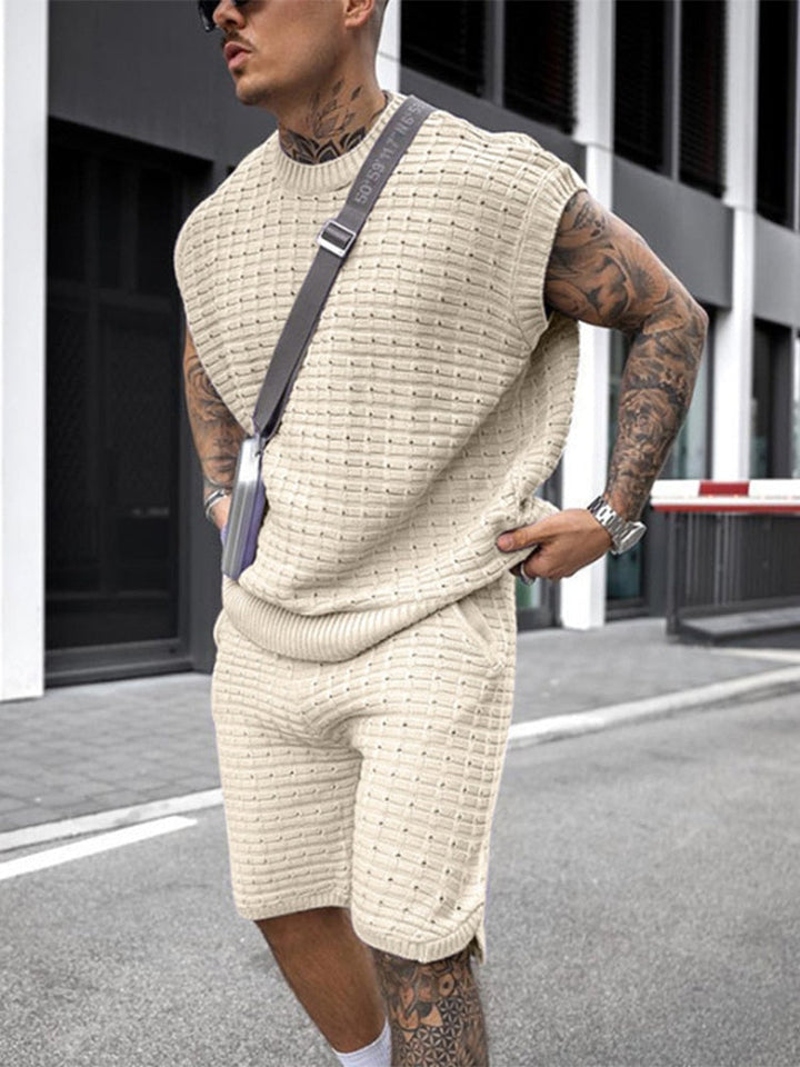 Men's Knit Sleeveless Crew Neck Top and Elasticated Shorts Set