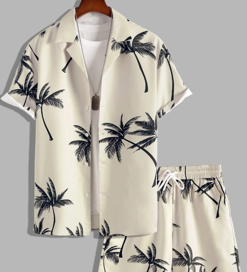 Men's Tropical Palm Print Short Sleeve Shirt and Shorts Set