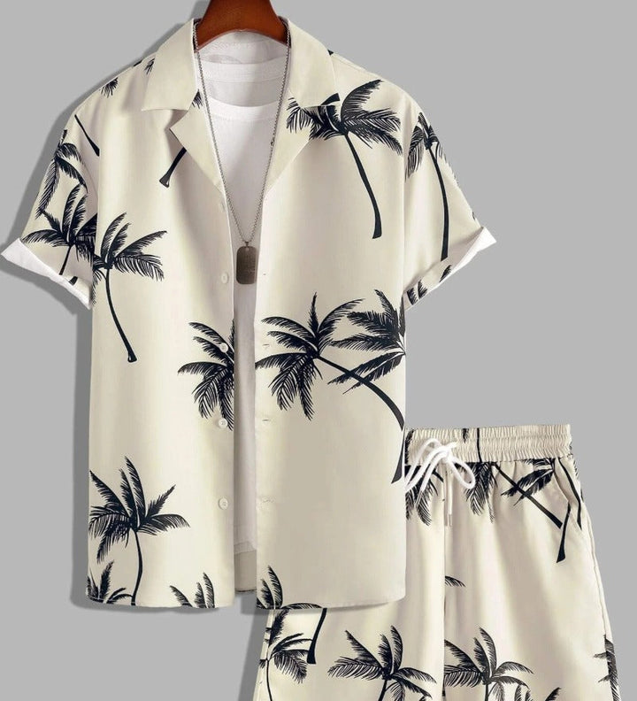 Men's Tropical Palm Print Short Sleeve Shirt and Shorts Set