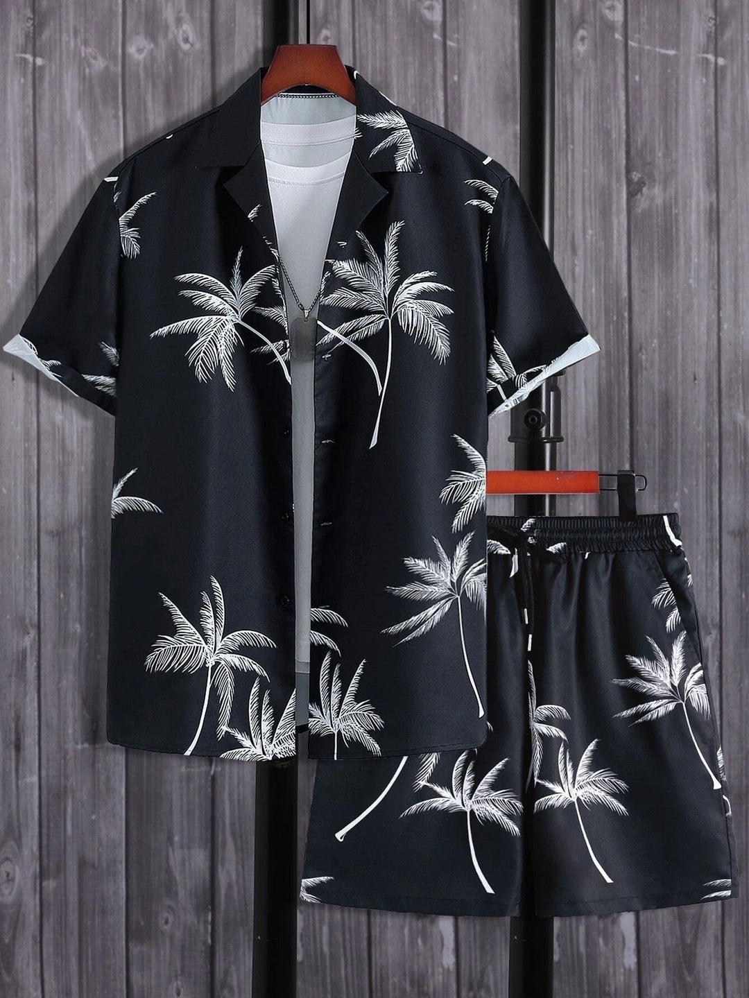 Men's Tropical Palm Print Short Sleeve Shirt and Shorts Set