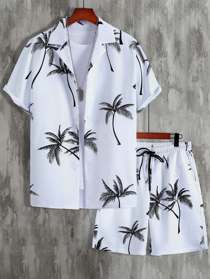 Men's Tropical Palm Print Short Sleeve Shirt and Shorts Set