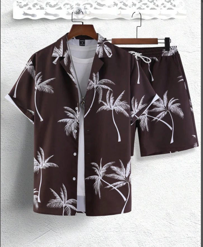 Men's Tropical Palm Print Short Sleeve Shirt and Shorts Set
