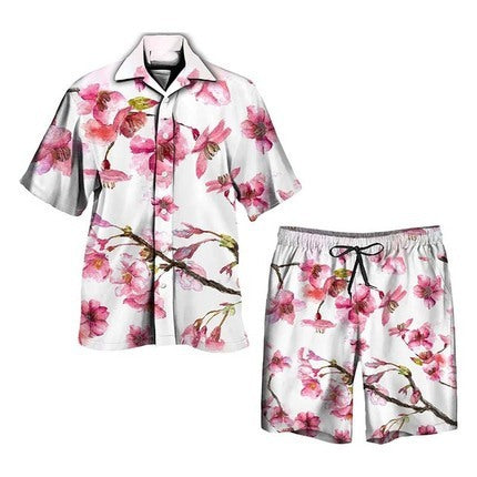 Men's Tropical Palm Print Short Sleeve Shirt and Shorts Set