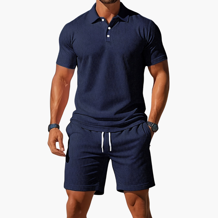 James | Men’s Casual Polo Shirt Shorts Two Piece Set with Drawstring