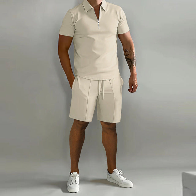 Freddie | Men’s Casual Polo Shirt Shorts Two Piece Set with Zip Neck