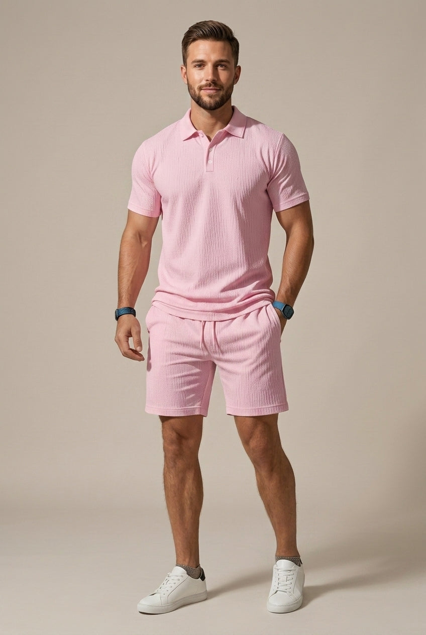 Men's Textured Polo Shirt and Drawstring Shorts Set