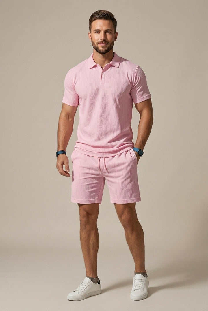 Men's Textured Polo Shirt and Drawstring Shorts Set