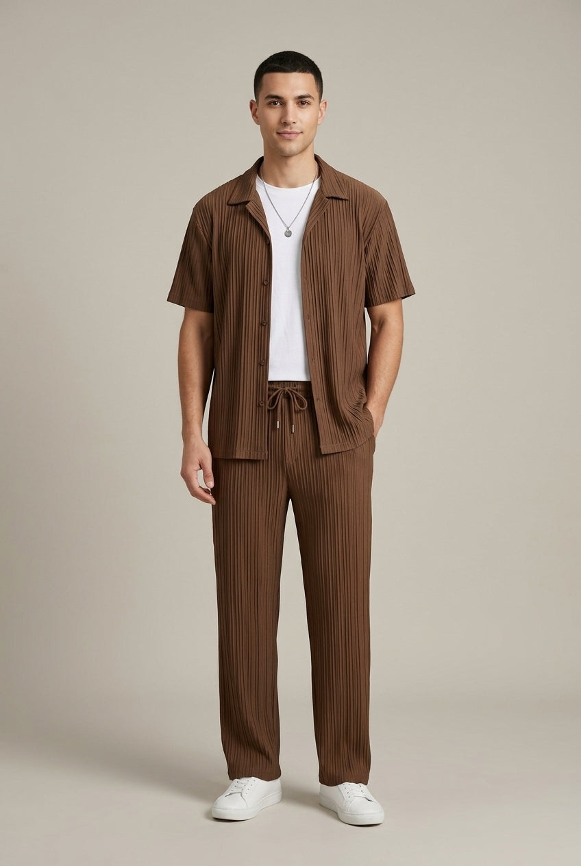 Men's Striped Texture Shirt and Drawstring Trousers Set
